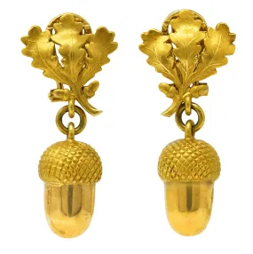 Vintage 14 Karat Yellow Gold Acorn Floral Drop Earrings