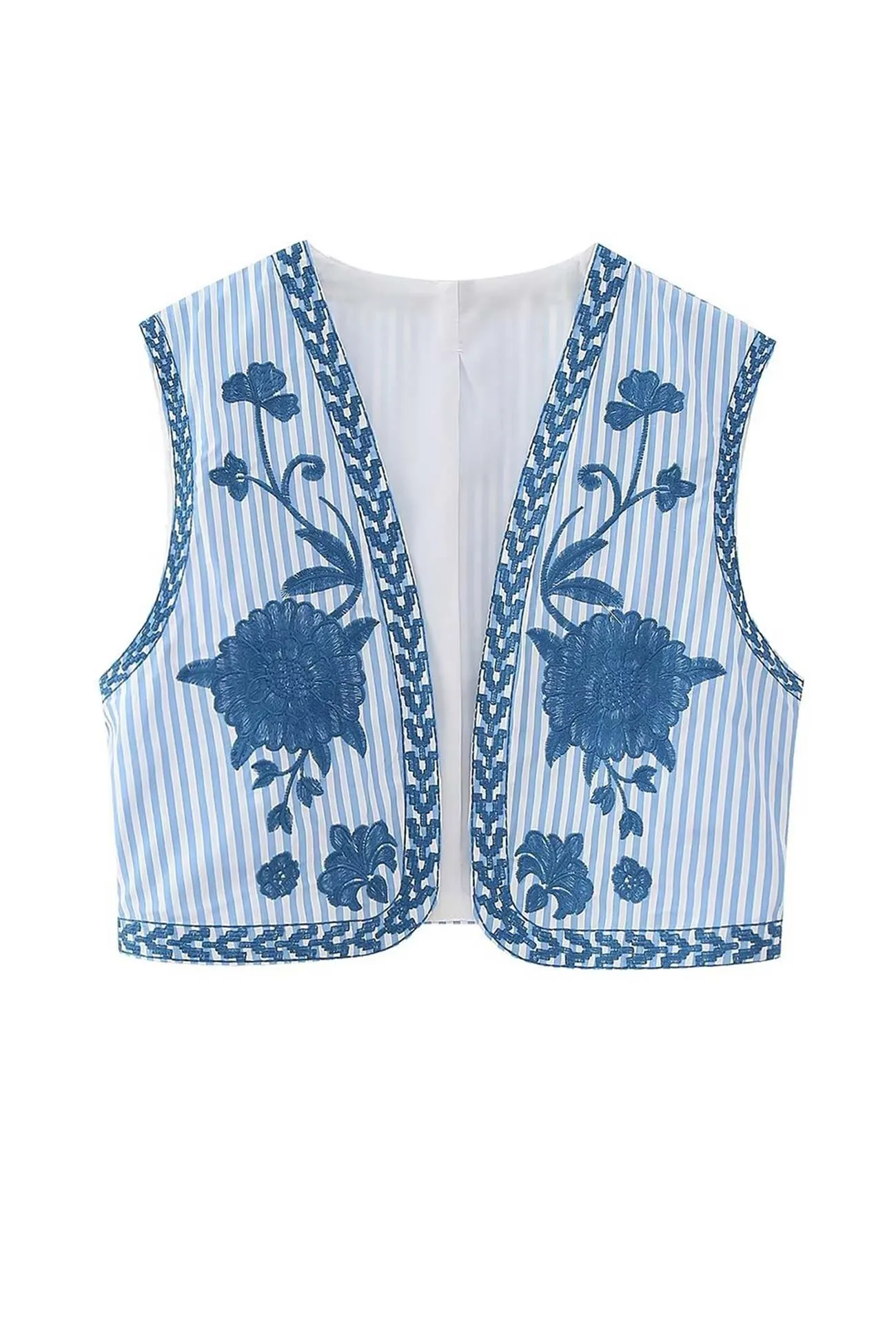 Vintage Floral Embroidery Open Front Vest