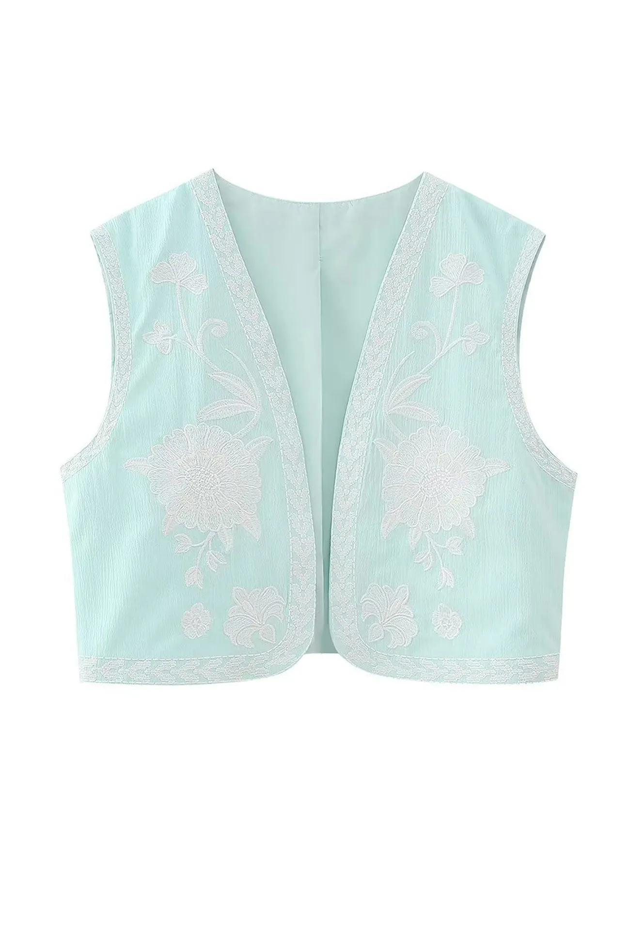 Vintage Floral Embroidery Open Front Vest