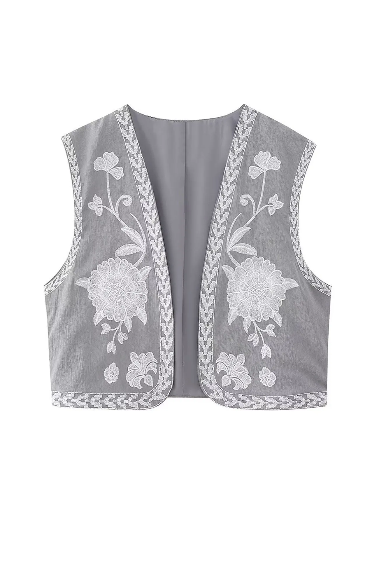 Vintage Floral Embroidery Open Front Vest