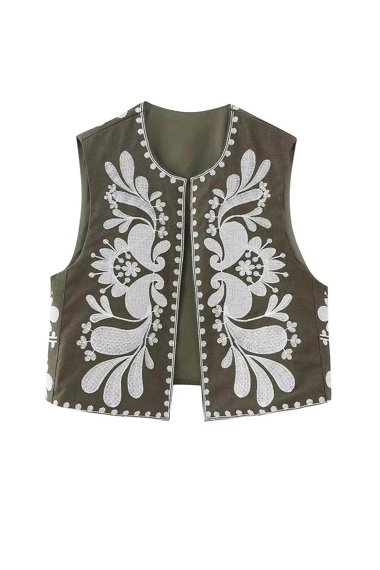 Vintage Floral Embroidery Open Front Vest