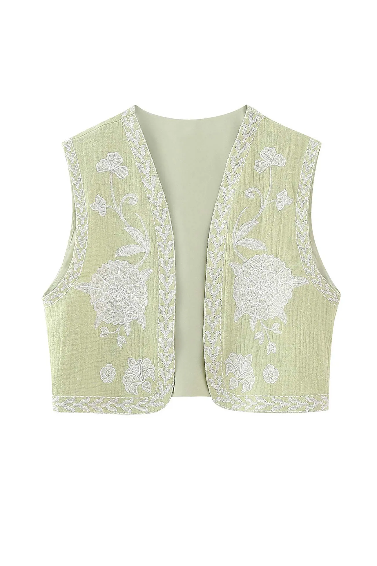 Vintage Floral Embroidery Open Front Vest