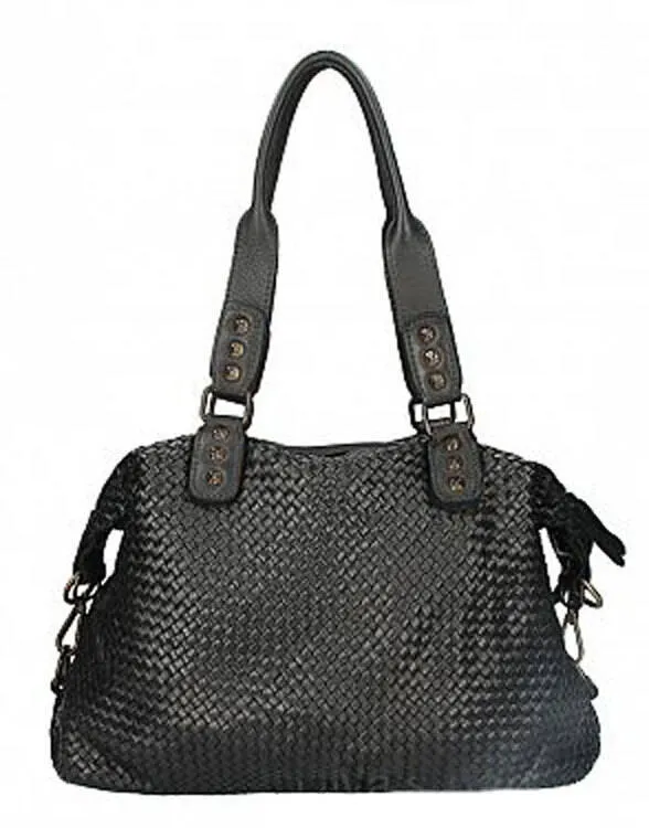 Women's black braided cowhide leather bag livia